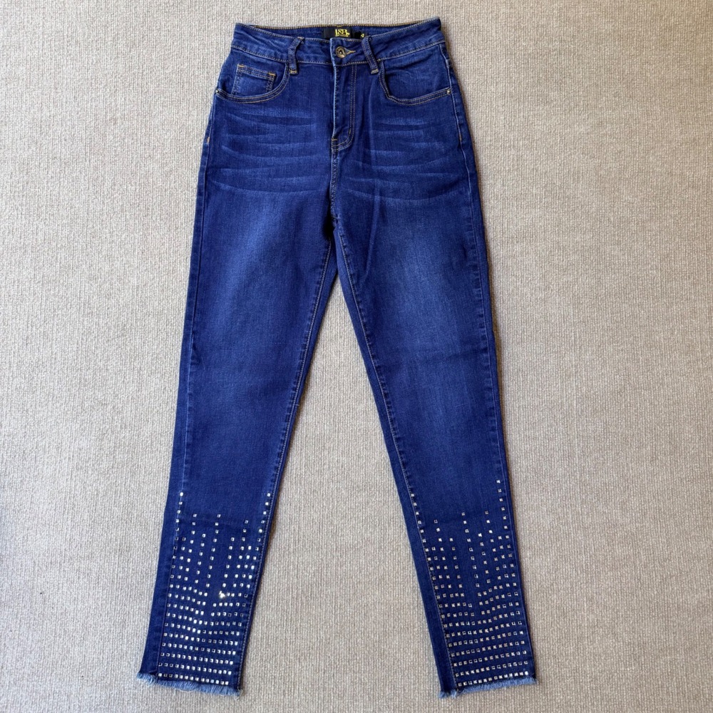 Lucky & Blessed Womens Studded Skinny Jeans Dark Wash Raw Hem Western Size 4‎